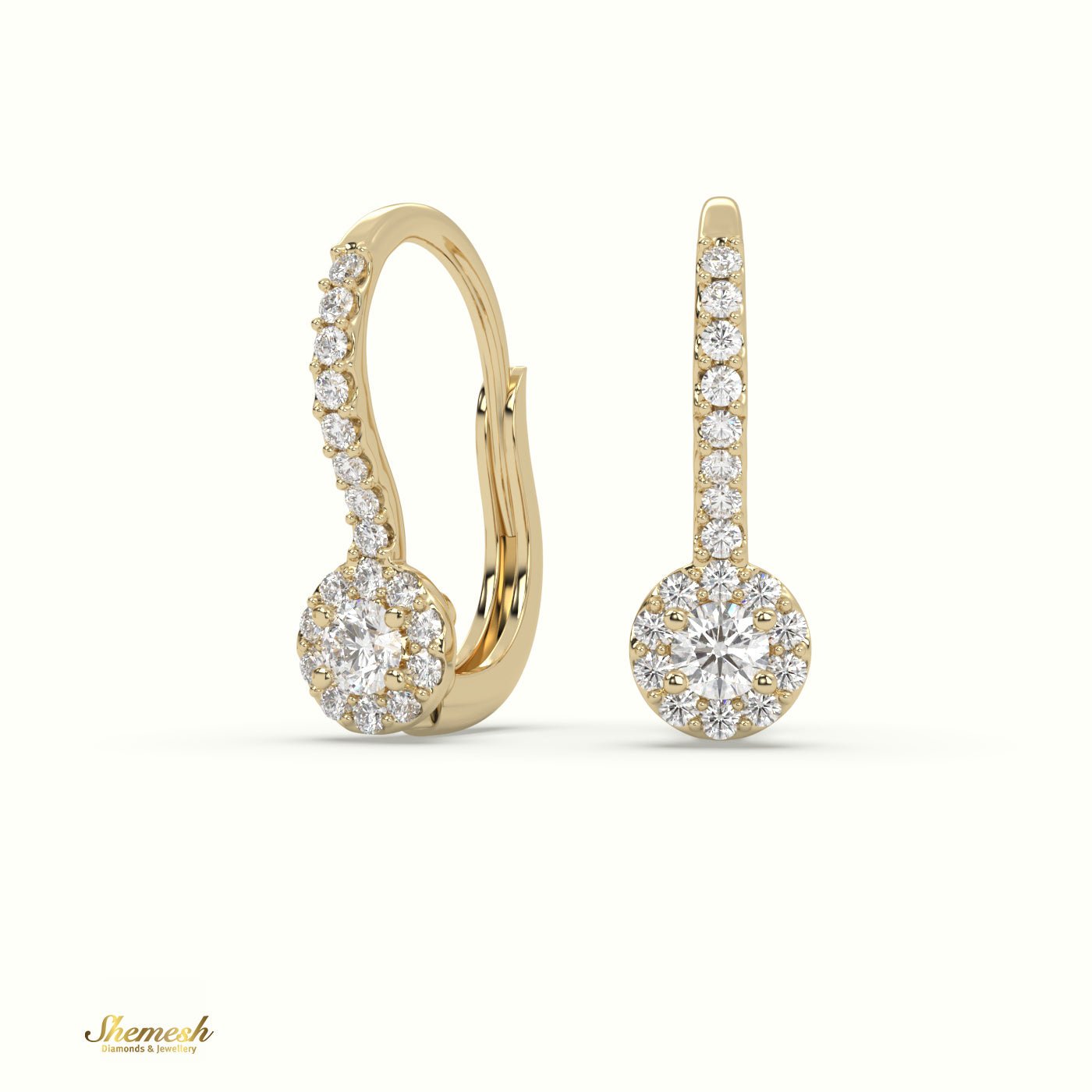 18K Gold Round Diamond Halo Style Drop Earrings - shemesh_diamonds