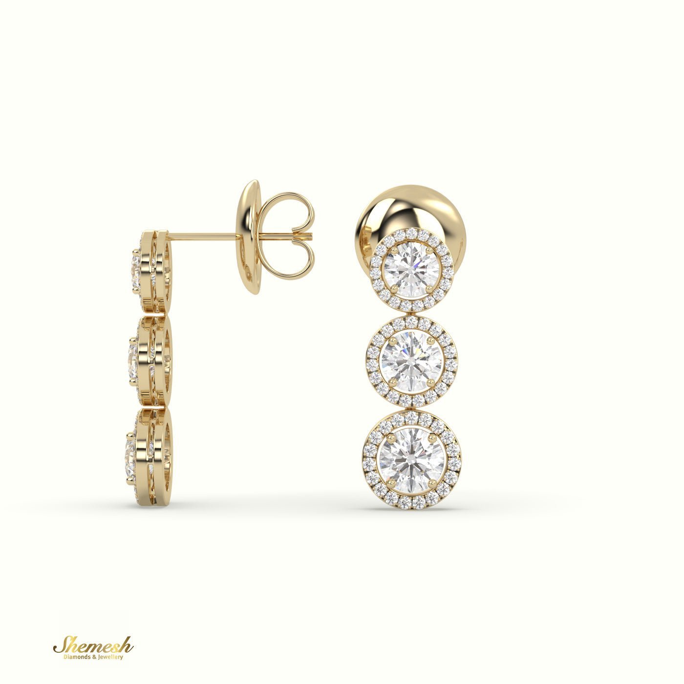 18K Gold Round Diamond Halo Dangle Earrings - shemesh_diamonds