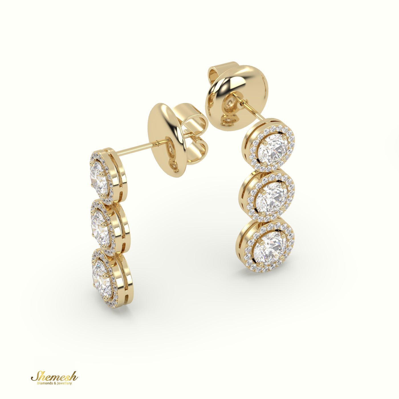 18K Gold Round Diamond Halo Dangle Earrings - shemesh_diamonds