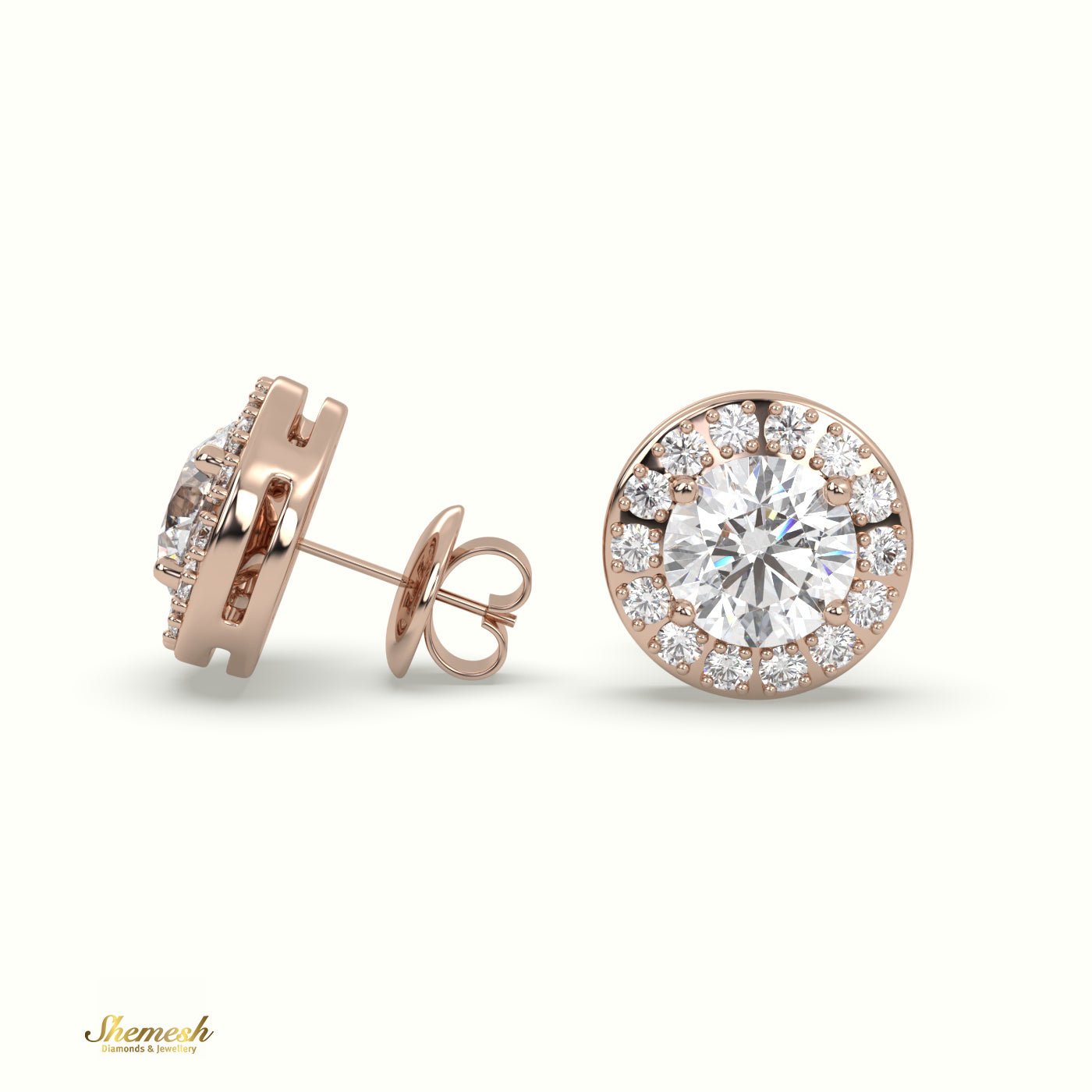 18K Gold Round Brilliant Cut Diamond Halo Stud Earrings - shemesh_diamonds