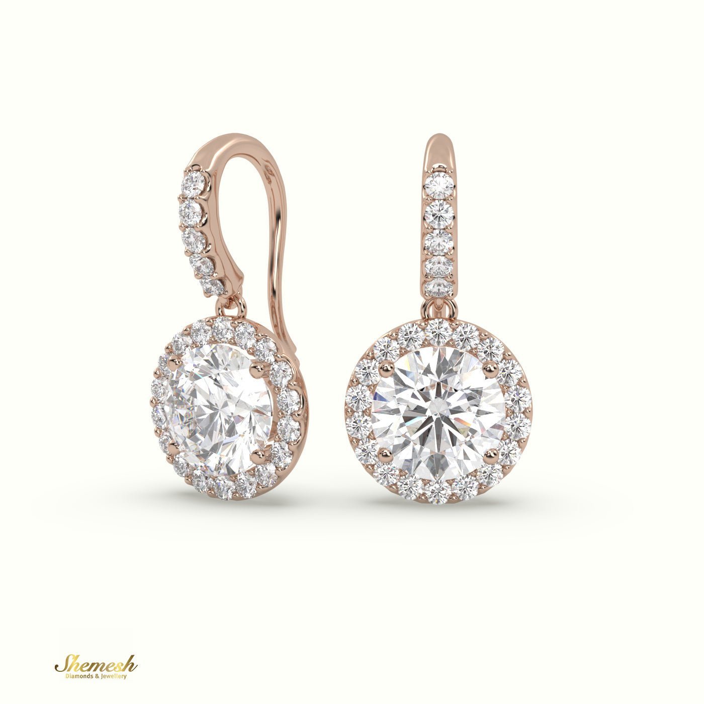 18K Gold Round Diamond Halo Drop Earrings - shemesh_diamonds