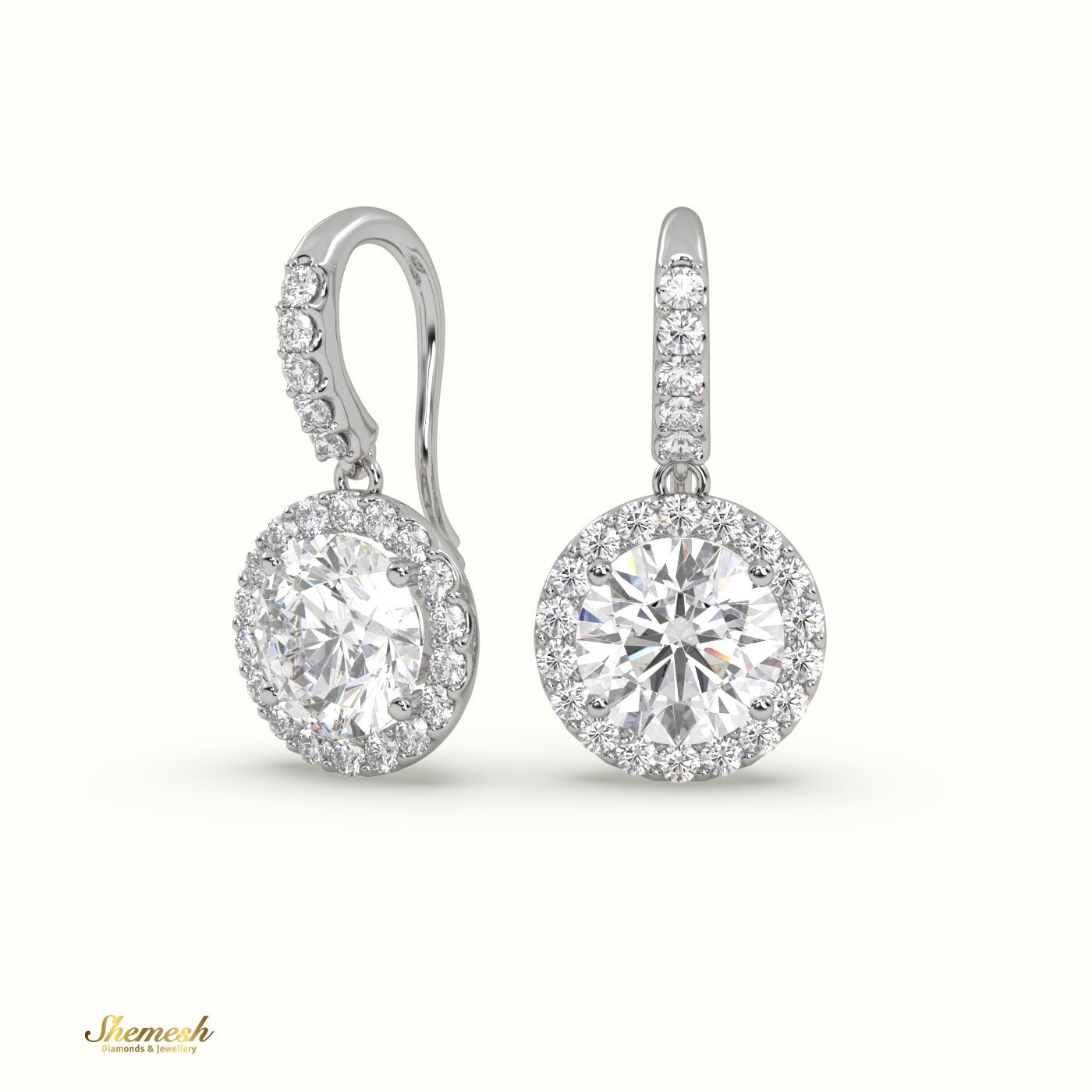 18K Gold Round Diamond Halo Drop Earrings - shemesh_diamonds