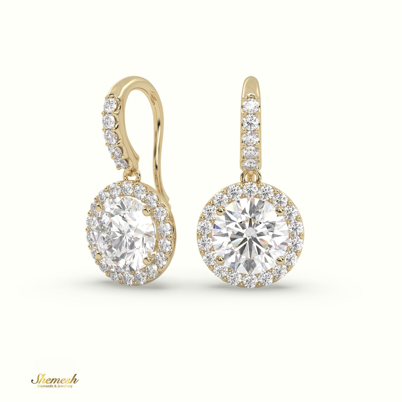 18K Gold Round Diamond Halo Drop Earrings - shemesh_diamonds