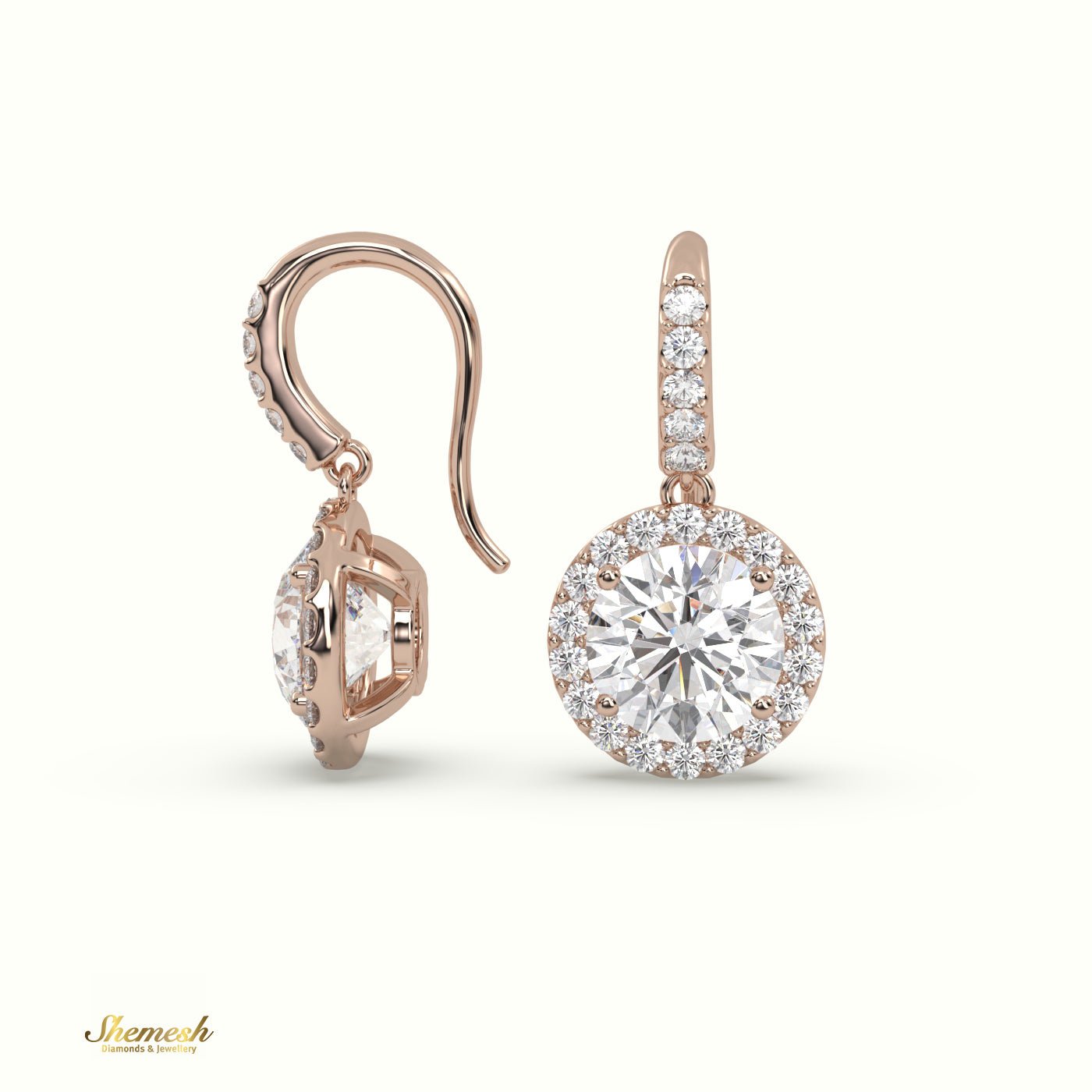 18K Gold Round Diamond Halo Drop Earrings - shemesh_diamonds