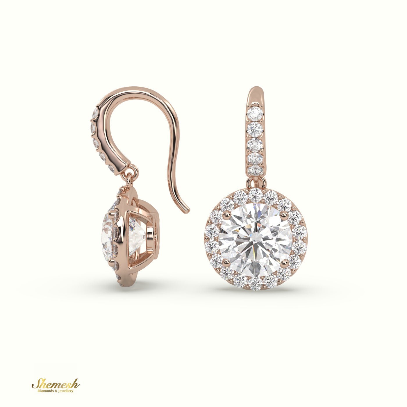 18K Gold Round Diamond Halo Drop Earrings - shemesh_diamonds