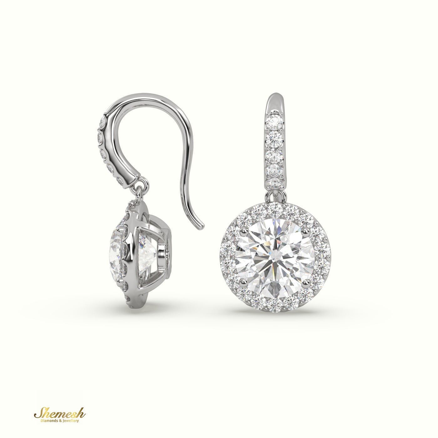 18K Gold Round Diamond Halo Drop Earrings - shemesh_diamonds