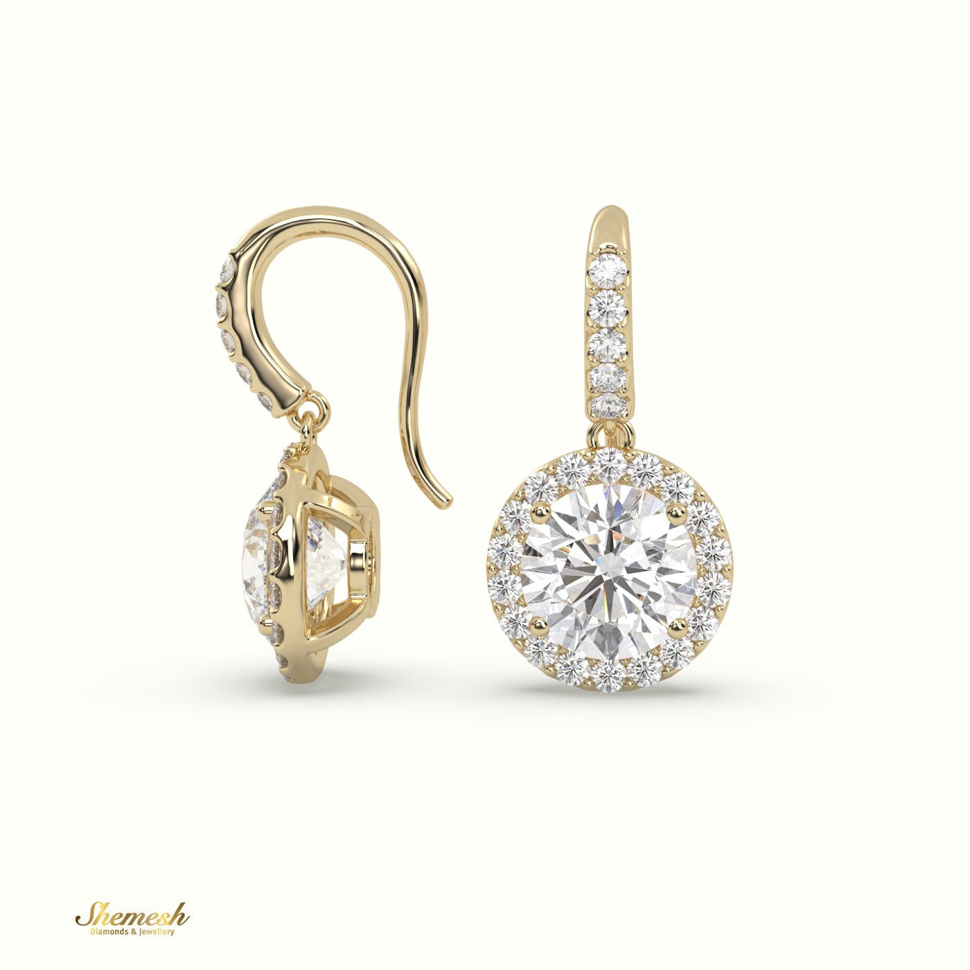 18K Gold Round Diamond Halo Drop Earrings - shemesh_diamonds