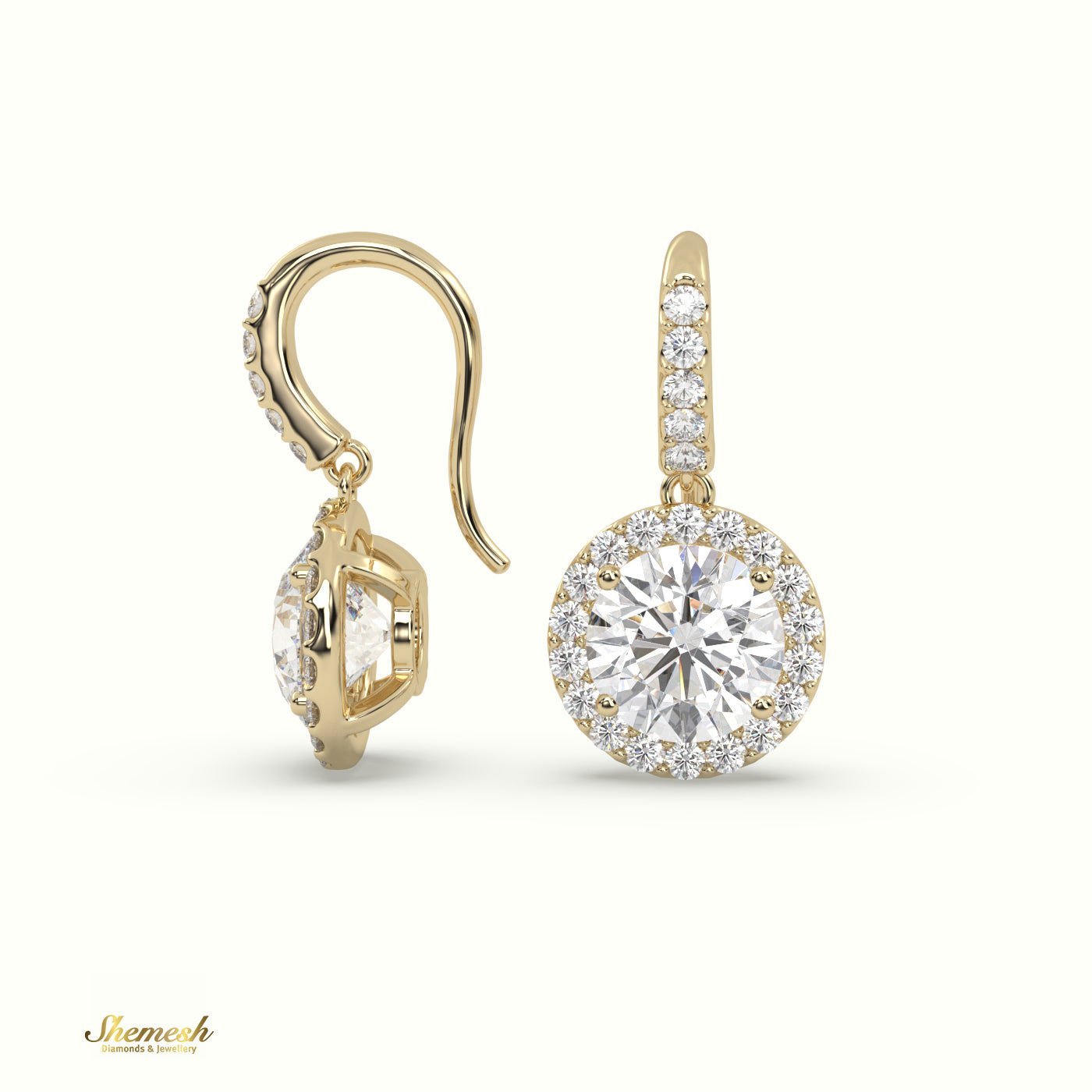 18K Gold Round Diamond Halo Drop Earrings - shemesh_diamonds