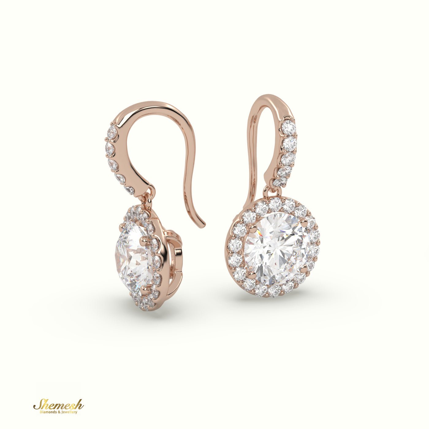 18K Gold Round Diamond Halo Drop Earrings - shemesh_diamonds