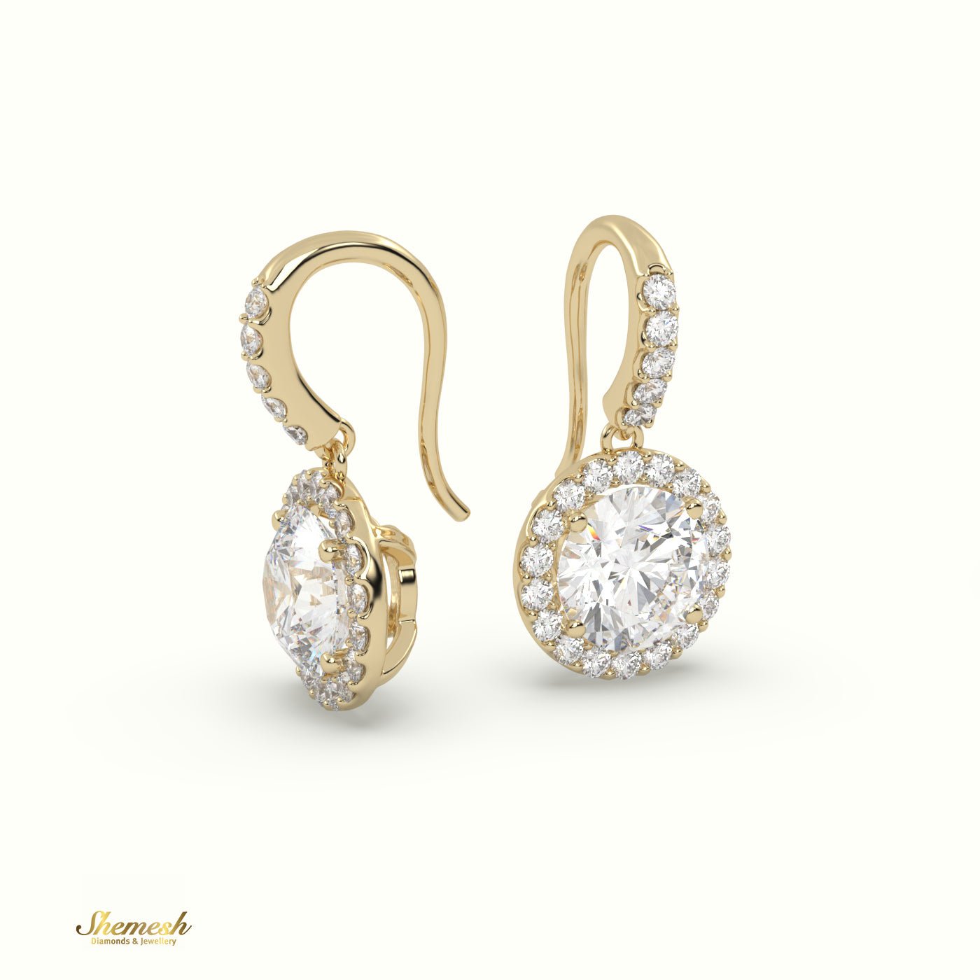 18K Gold Round Diamond Halo Drop Earrings - shemesh_diamonds