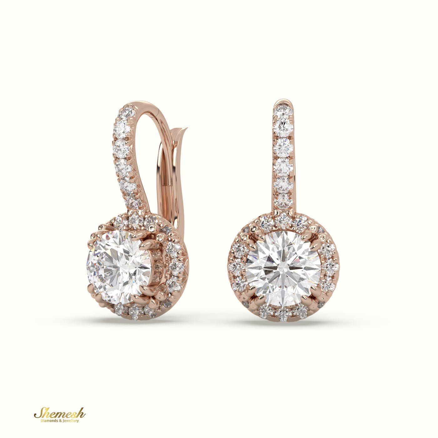 18K Gold Round Diamond Halo Drop Earrings with Round Upstones - shemesh_diamonds