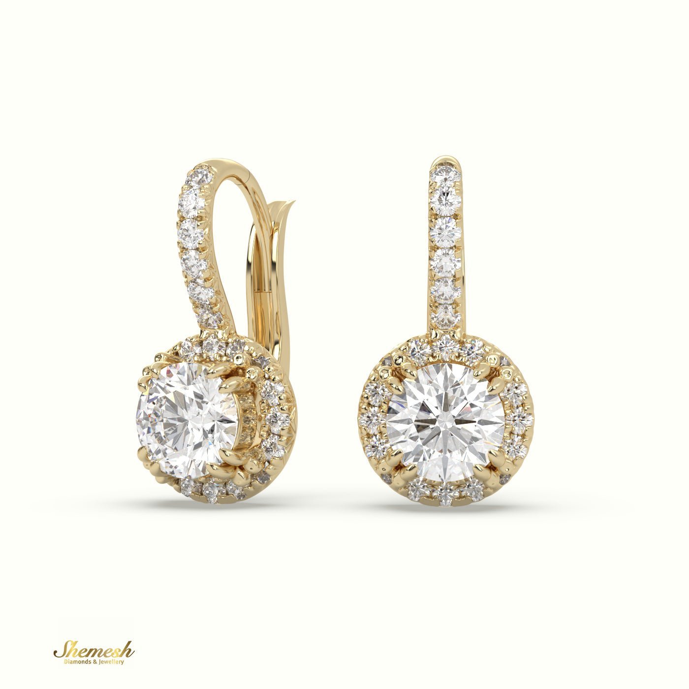 18K Gold Round Diamond Halo Drop Earrings with Round Upstones - shemesh_diamonds