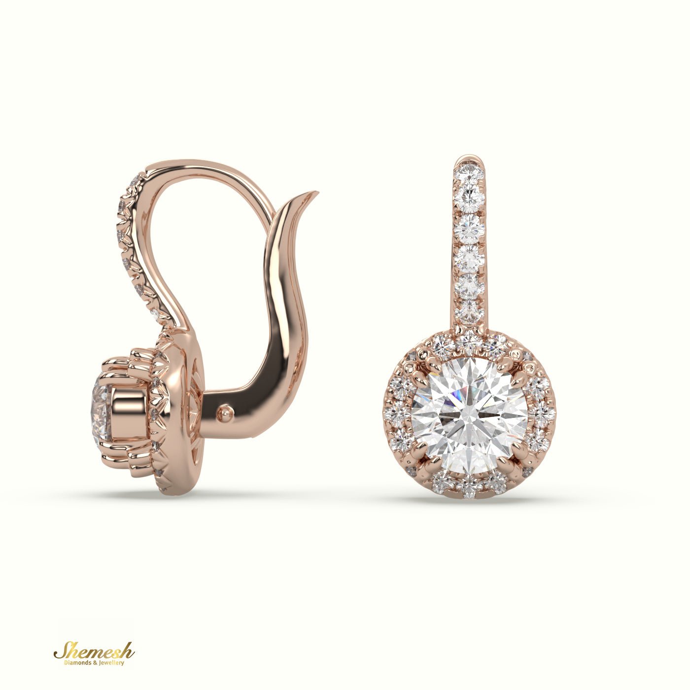 18K Gold Round Diamond Halo Drop Earrings with Round Upstones - shemesh_diamonds