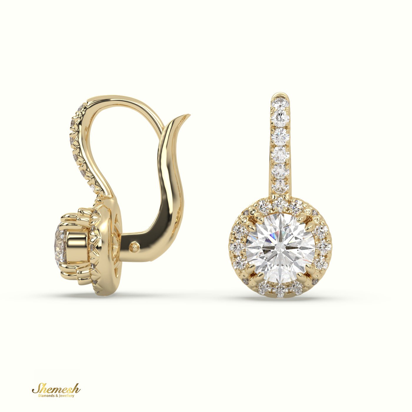 18K Gold Round Diamond Halo Drop Earrings with Round Upstones - shemesh_diamonds