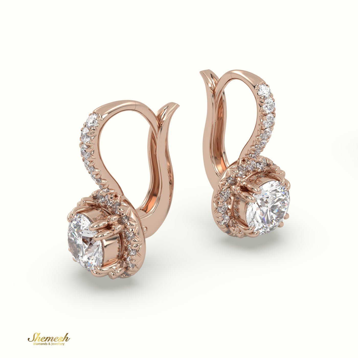 18K Gold Round Diamond Halo Drop Earrings with Round Upstones - shemesh_diamonds