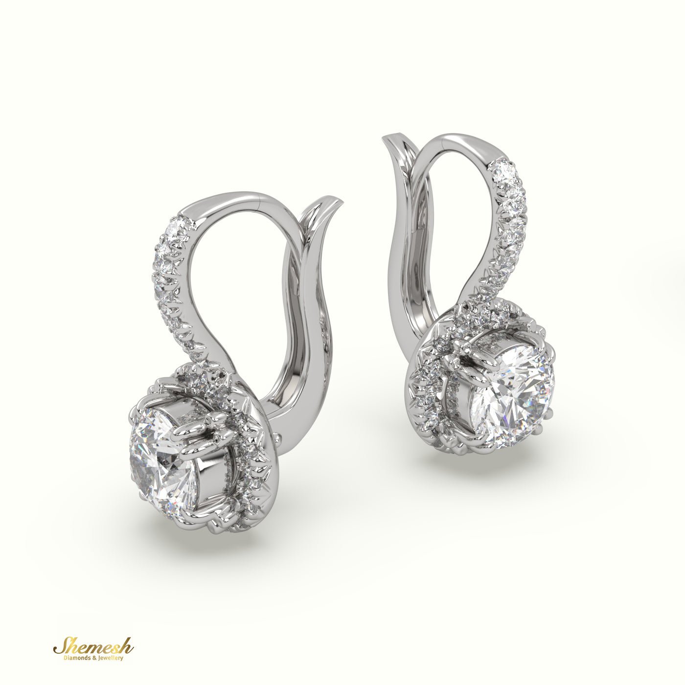 18K Gold Round Diamond Halo Drop Earrings with Round Upstones - shemesh_diamonds