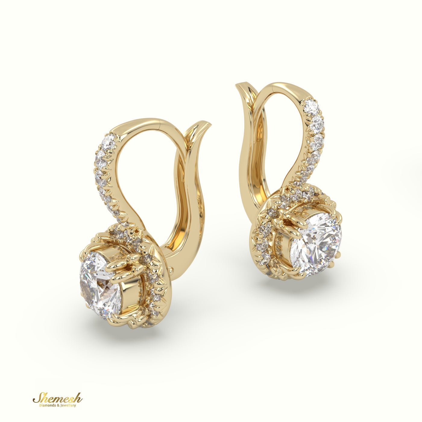 18K Gold Round Diamond Halo Drop Earrings with Round Upstones - shemesh_diamonds