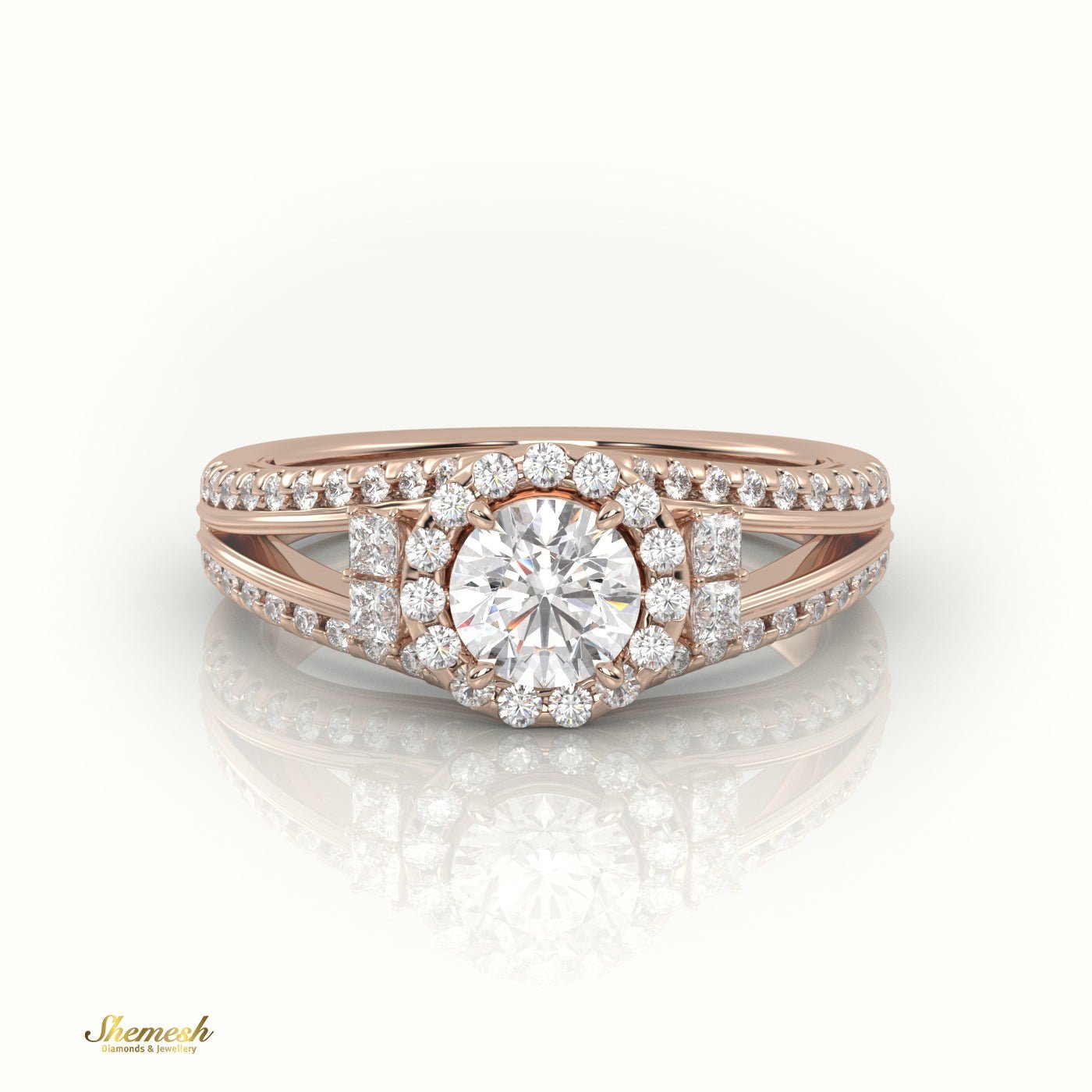 18K Gold Round Cut Diamond Halo Engagement Ring with Princess Diamonds & Split Shank - shemesh_diamonds