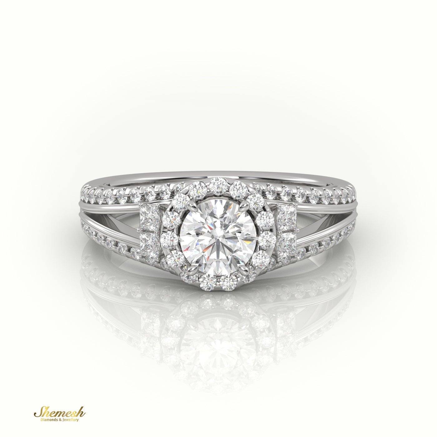 18K Gold Round Cut Diamond Halo Engagement Ring with Princess Diamonds & Split Shank - shemesh_diamonds