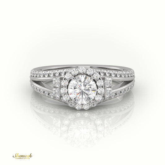 18K Gold Round Cut Diamond Halo Engagement Ring with Princess Diamonds & Split Shank - shemesh_diamonds