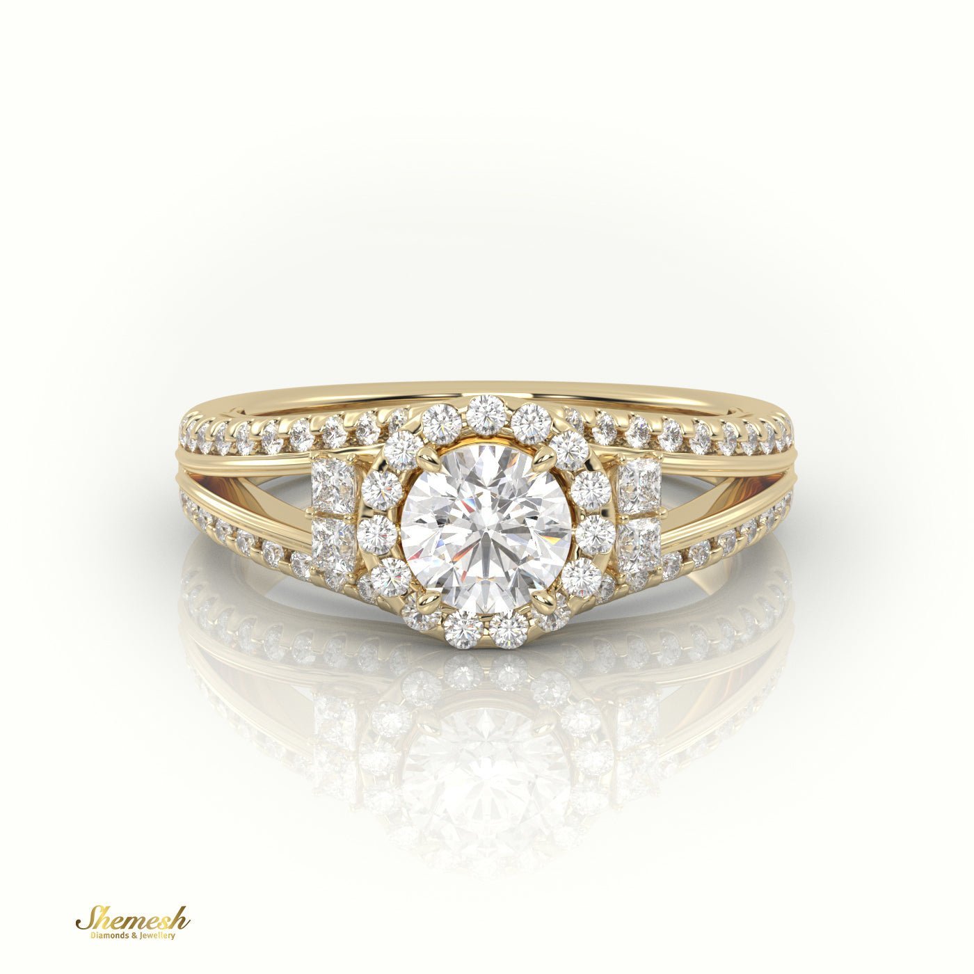 18K Gold Round Cut Diamond Halo Engagement Ring with Princess Diamonds & Split Shank - shemesh_diamonds