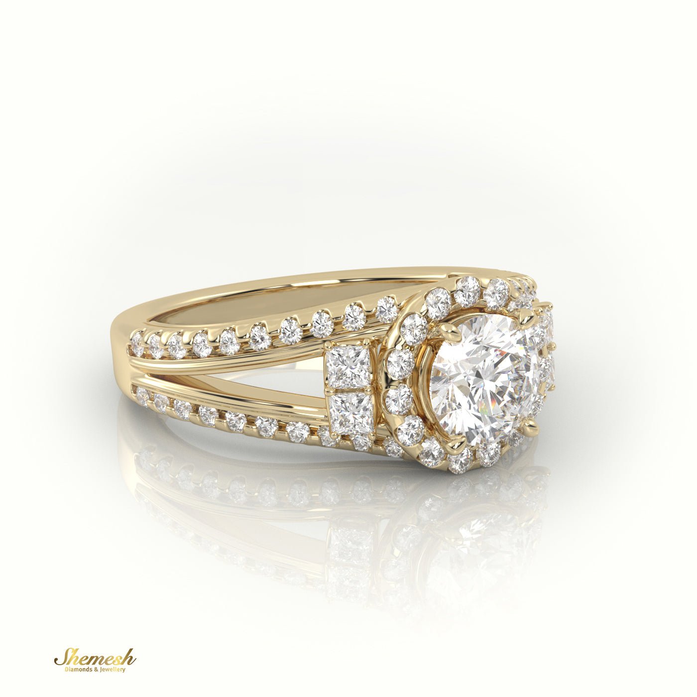 18K Gold Round Cut Diamond Halo Engagement Ring with Princess Diamonds & Split Shank - shemesh_diamonds