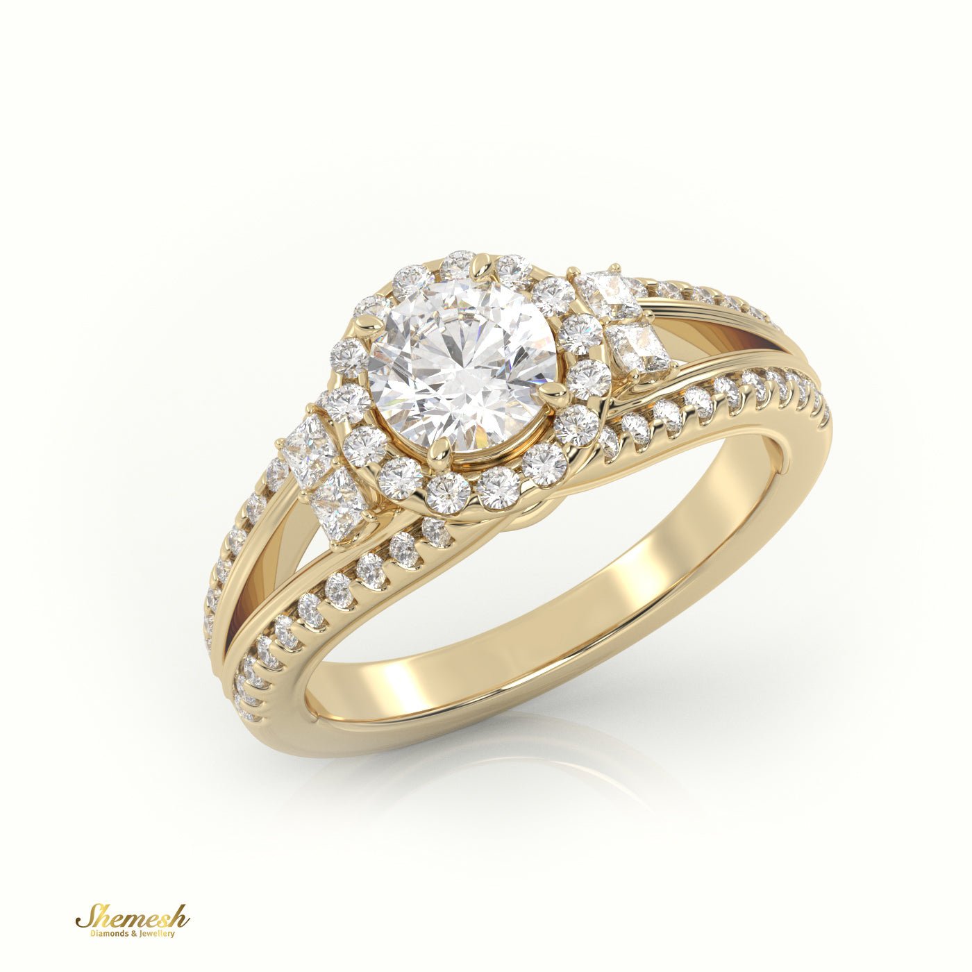 18K Gold Round Cut Diamond Halo Engagement Ring with Princess Diamonds & Split Shank - shemesh_diamonds