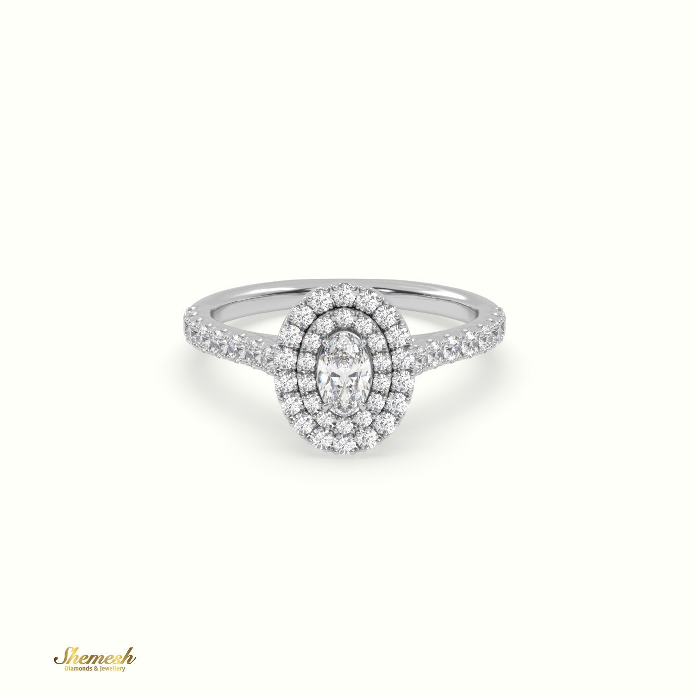 18K Gold 4 Prongs Oval Diamond Double Halo EngagementRing with Pave Band - shemesh_diamonds