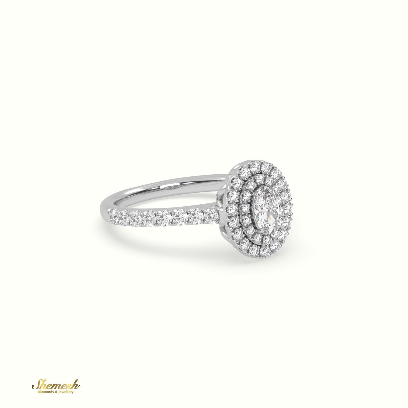 18K Gold 4 Prongs Oval Diamond Double Halo EngagementRing with Pave Band - shemesh_diamonds