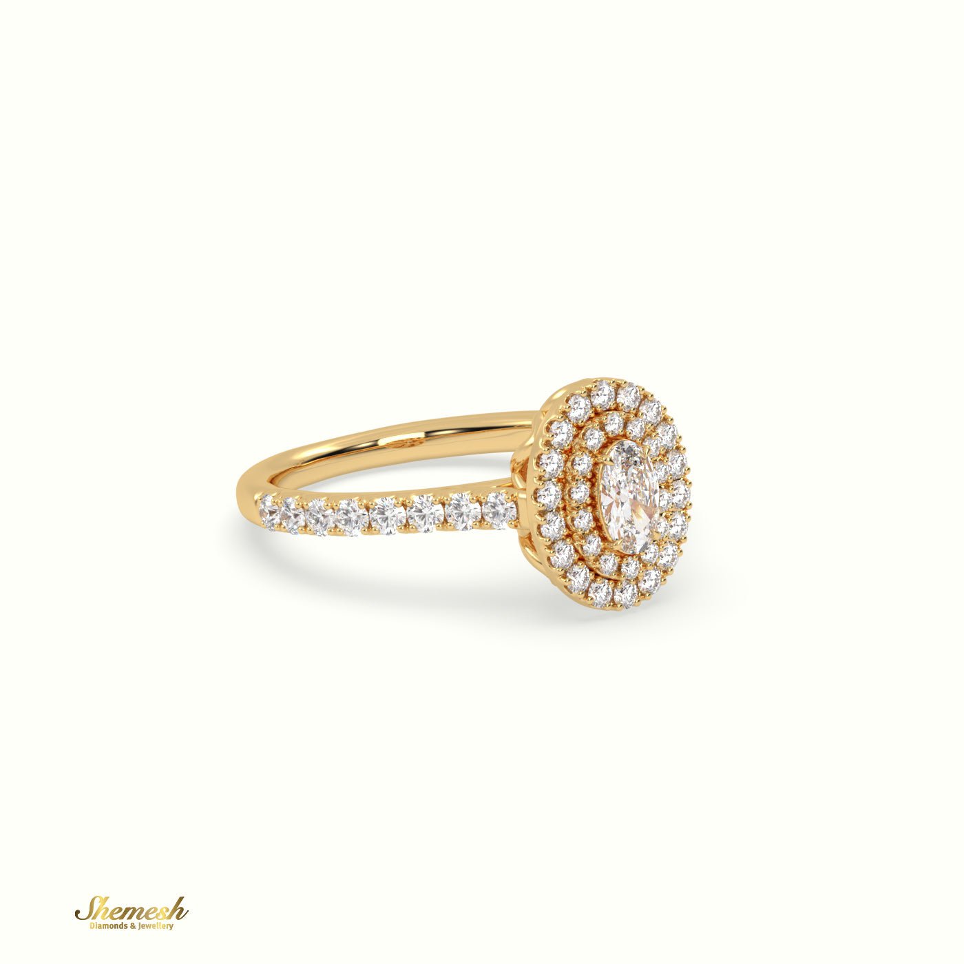 18K Gold 4 Prongs Oval Diamond Double Halo EngagementRing with Pave Band - shemesh_diamonds