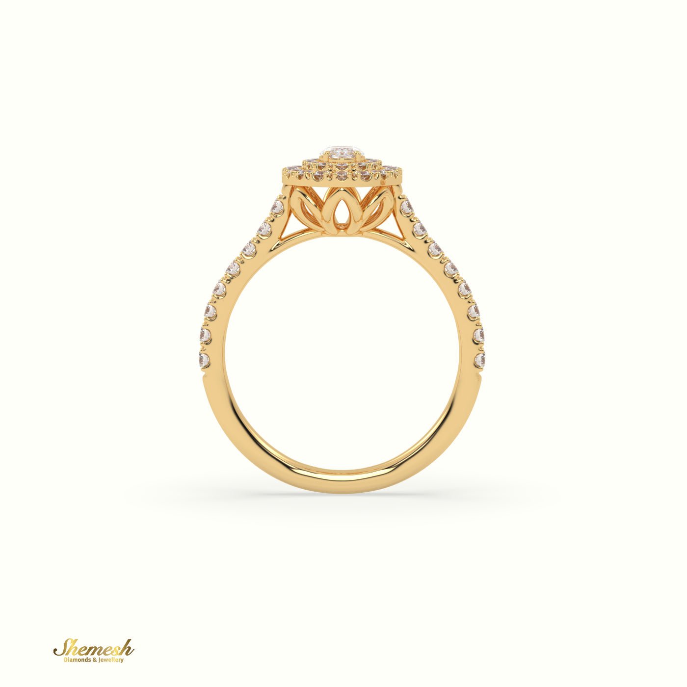 18K Gold 4 Prongs Oval Diamond Double Halo EngagementRing with Pave Band - shemesh_diamonds