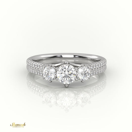 18K Gold Round Cut Diamond Three - Stone Engagement Ring with Double Pave Setting - shemesh_diamonds