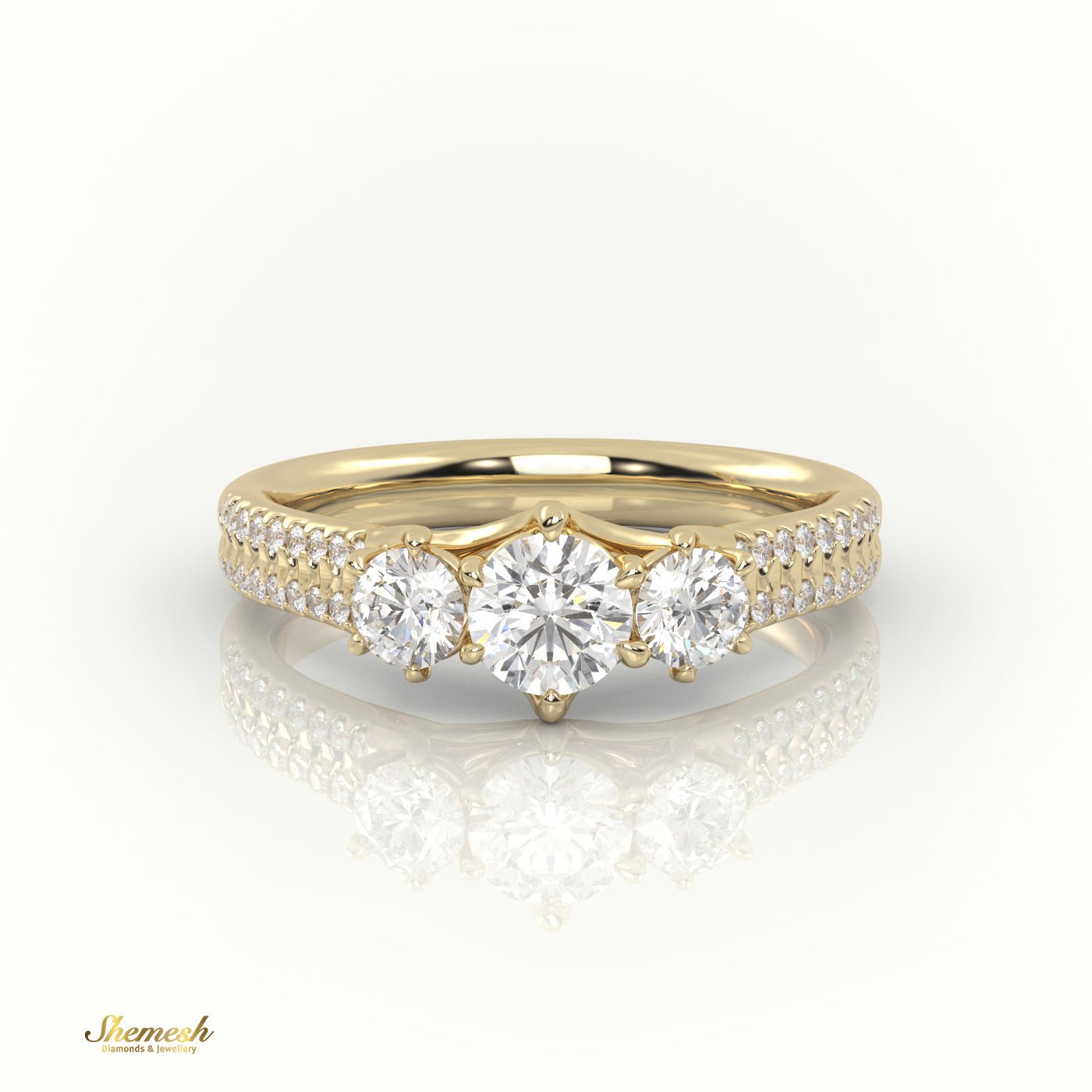 18K Gold Round Cut Diamond Three - Stone Engagement Ring with Double Pave Setting - shemesh_diamonds