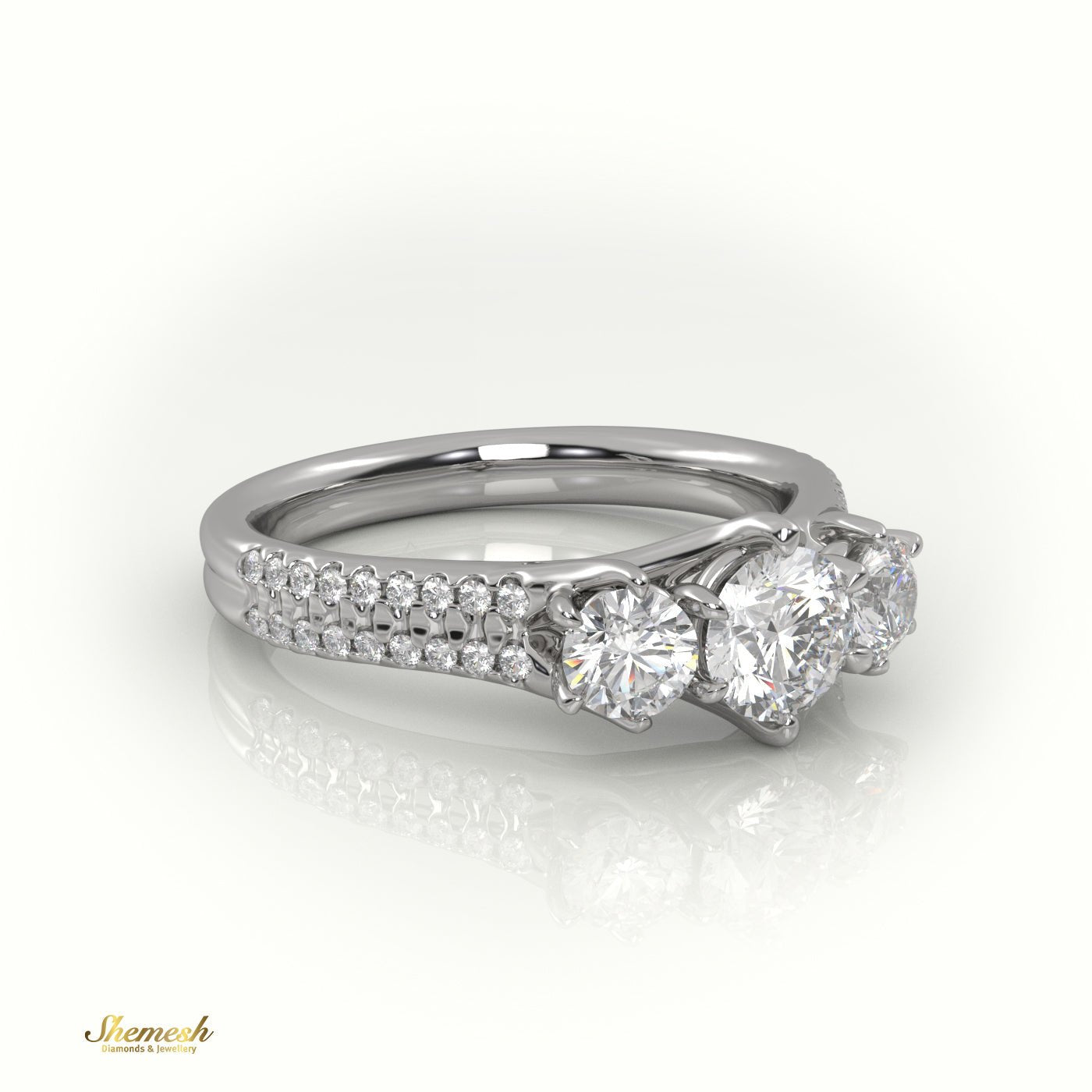 18K Gold Round Cut Diamond Three - Stone Engagement Ring with Double Pave Setting - shemesh_diamonds