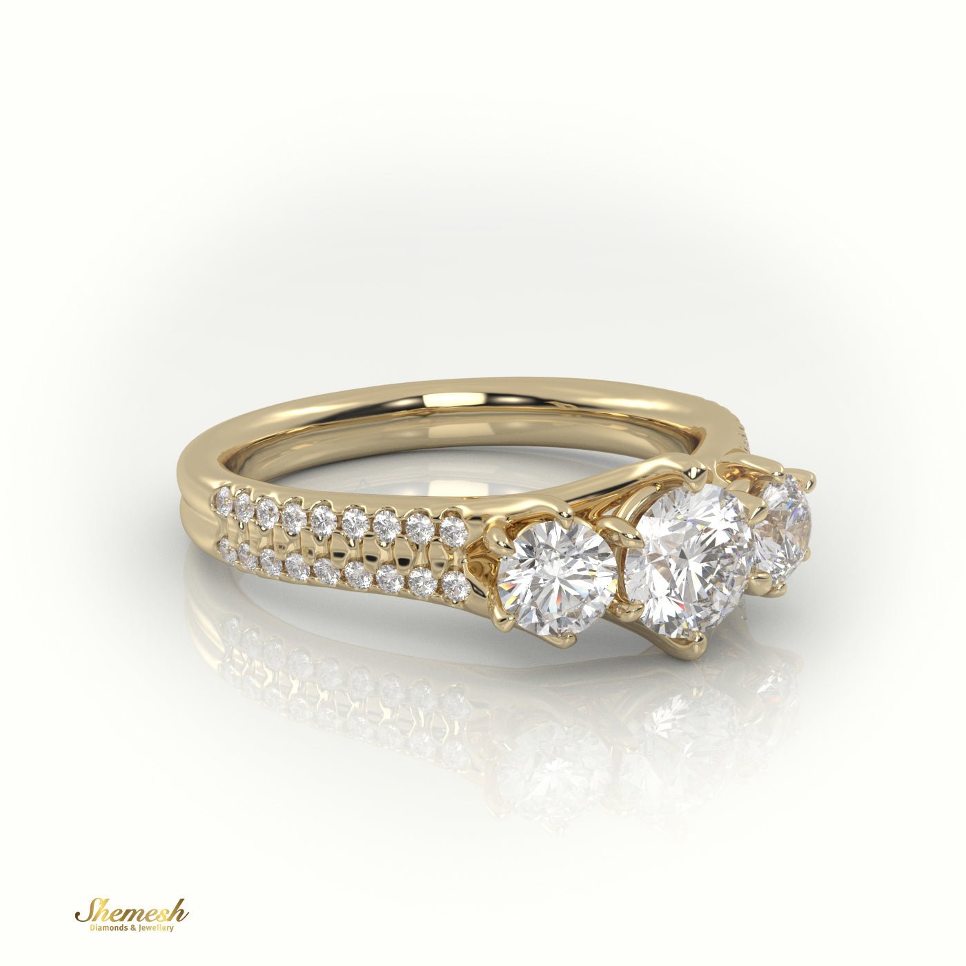 18K Gold Round Cut Diamond Three - Stone Engagement Ring with Double Pave Setting - shemesh_diamonds