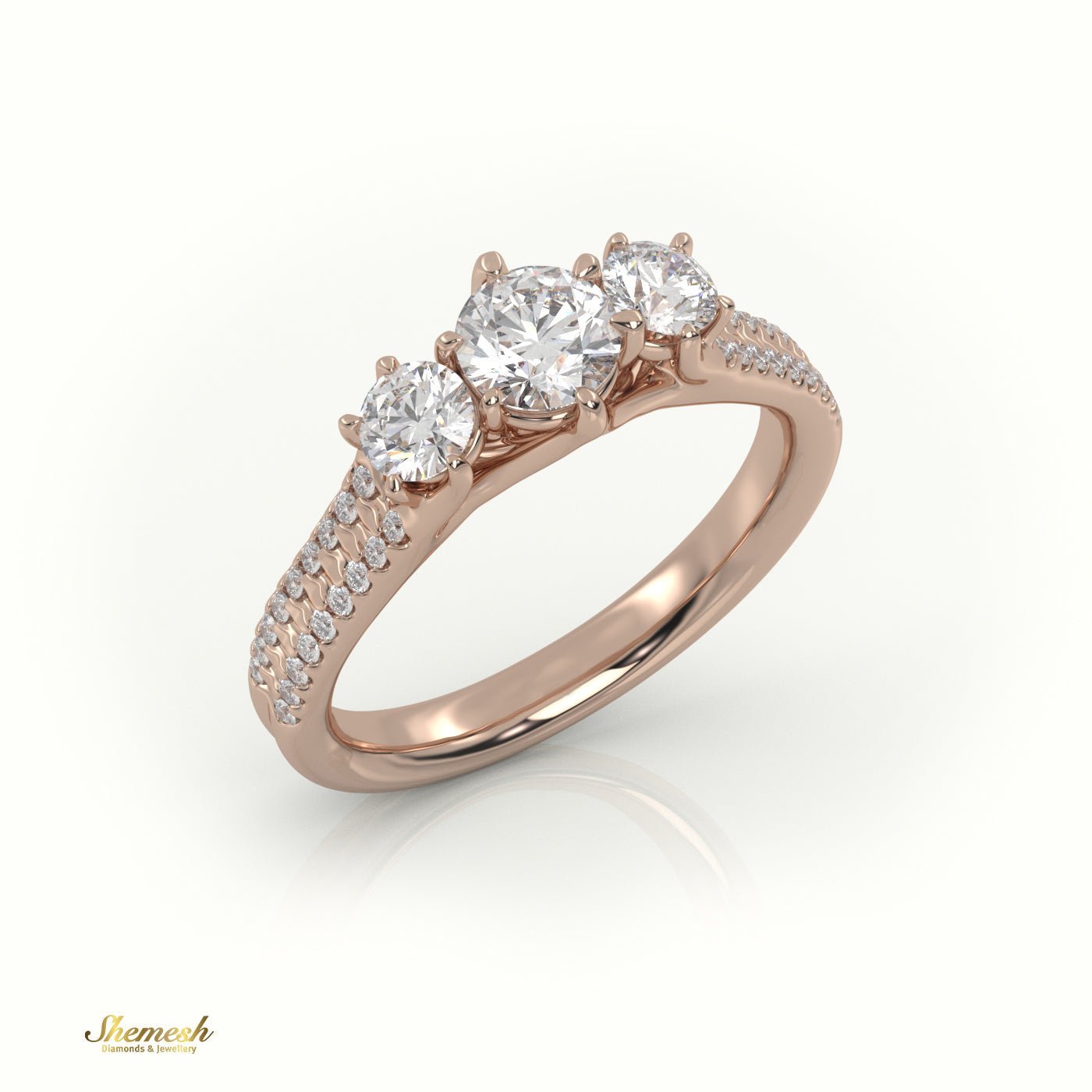 18K Gold Round Cut Diamond Three - Stone Engagement Ring with Double Pave Setting - shemesh_diamonds