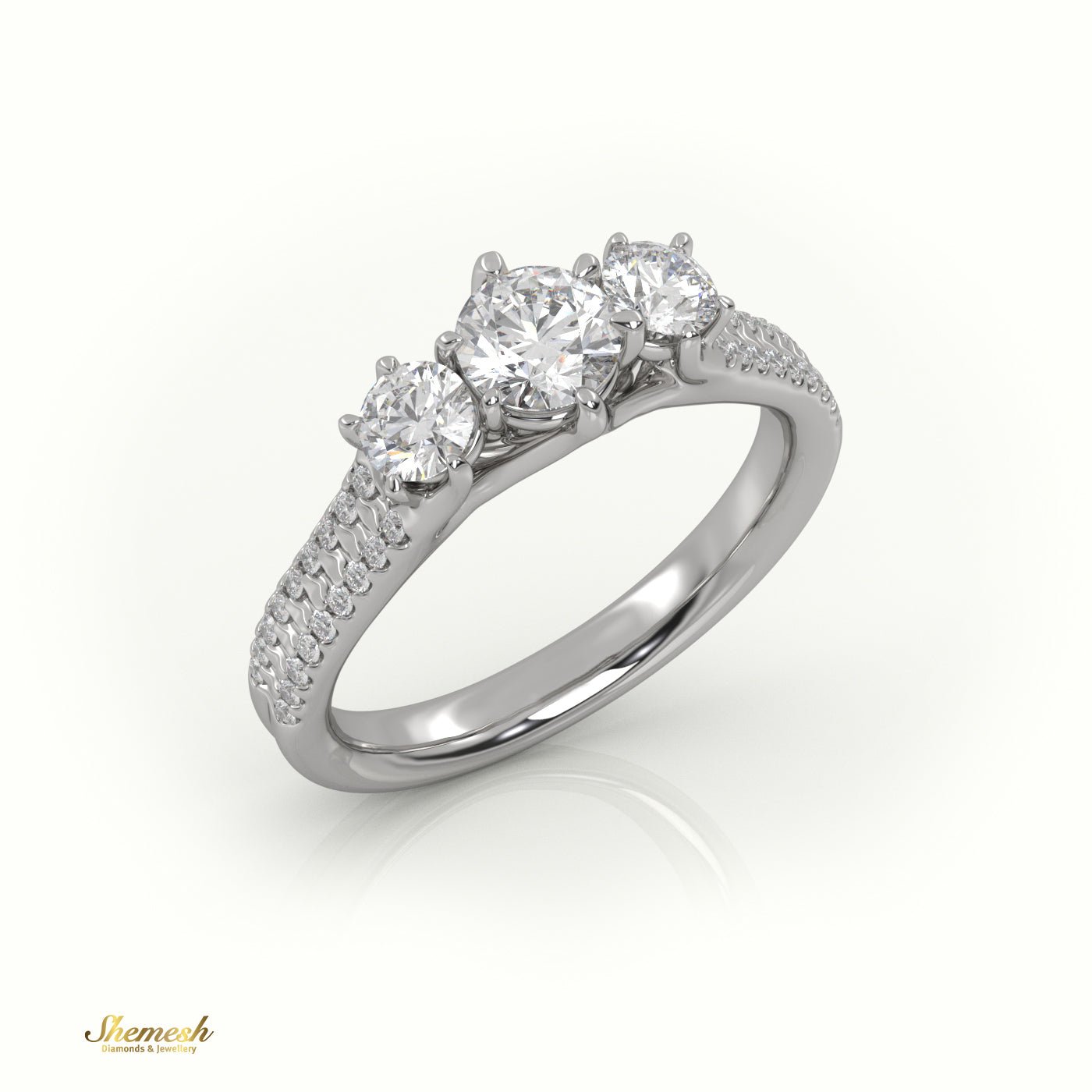 18K Gold Round Cut Diamond Three - Stone Engagement Ring with Double Pave Setting - shemesh_diamonds