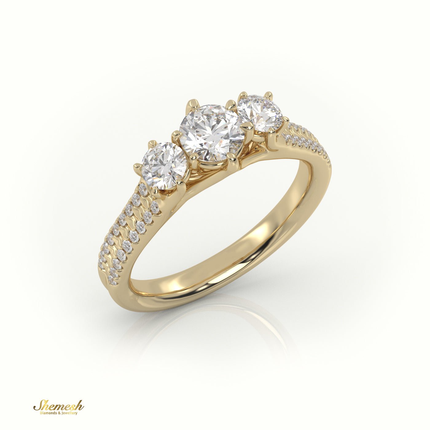 18K Gold Round Cut Diamond Three - Stone Engagement Ring with Double Pave Setting - shemesh_diamonds