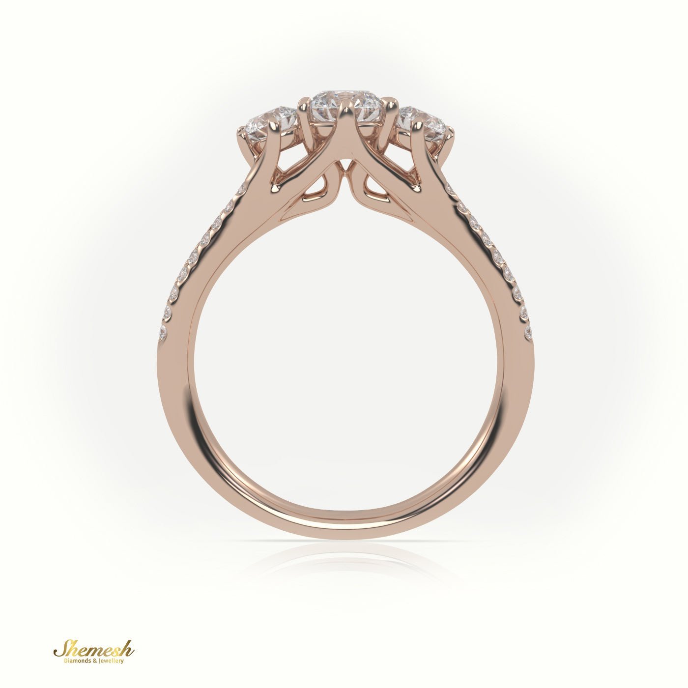 18K Gold Round Cut Diamond Three - Stone Engagement Ring with Double Pave Setting - shemesh_diamonds