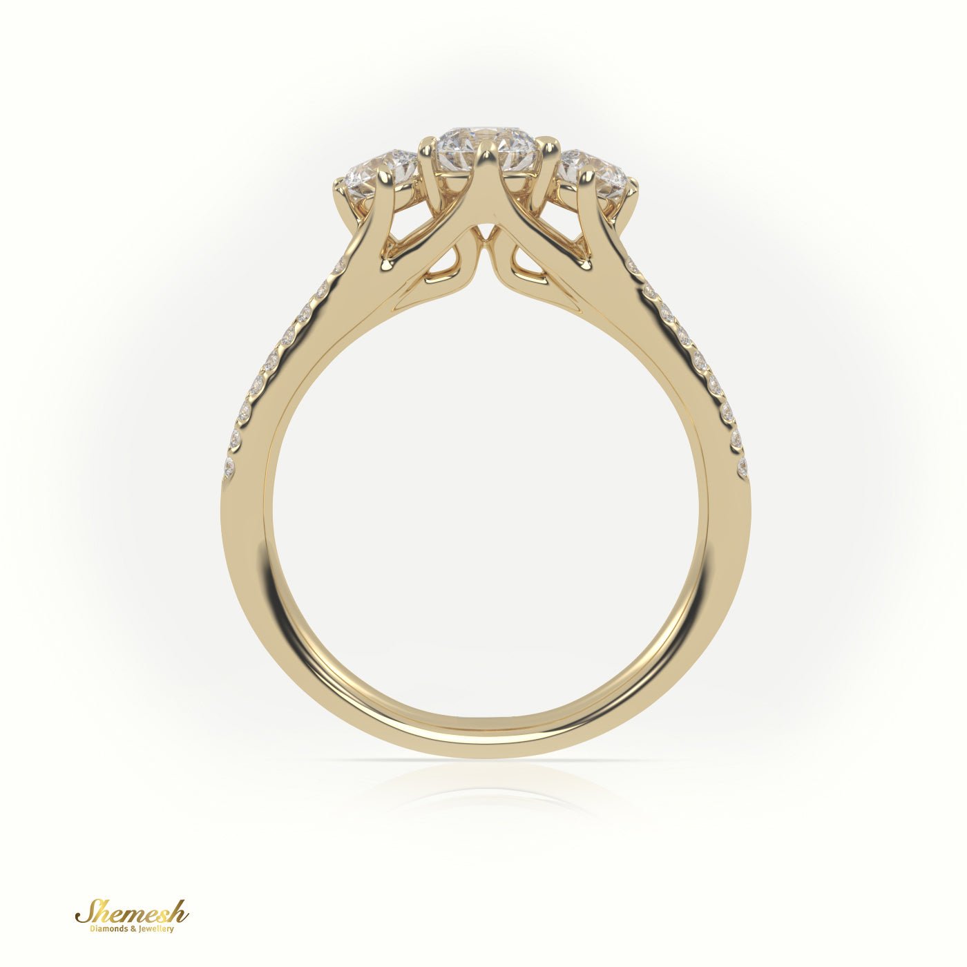 18K Gold Round Cut Diamond Three - Stone Engagement Ring with Double Pave Setting - shemesh_diamonds