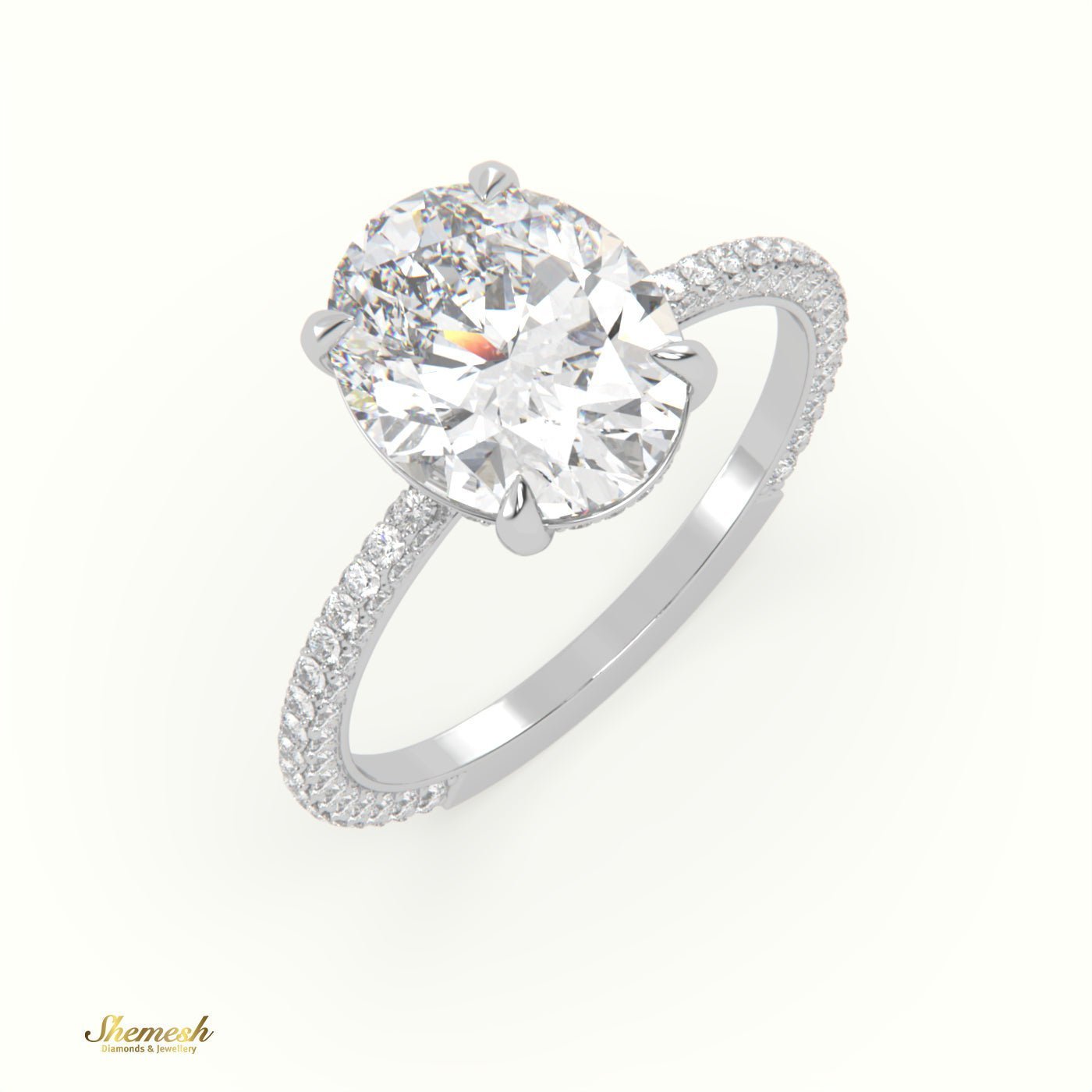 18K Gold 4 Prongs Oval Diamond Solitaire Engagement Ring with Pave Set Band - shemesh_diamonds