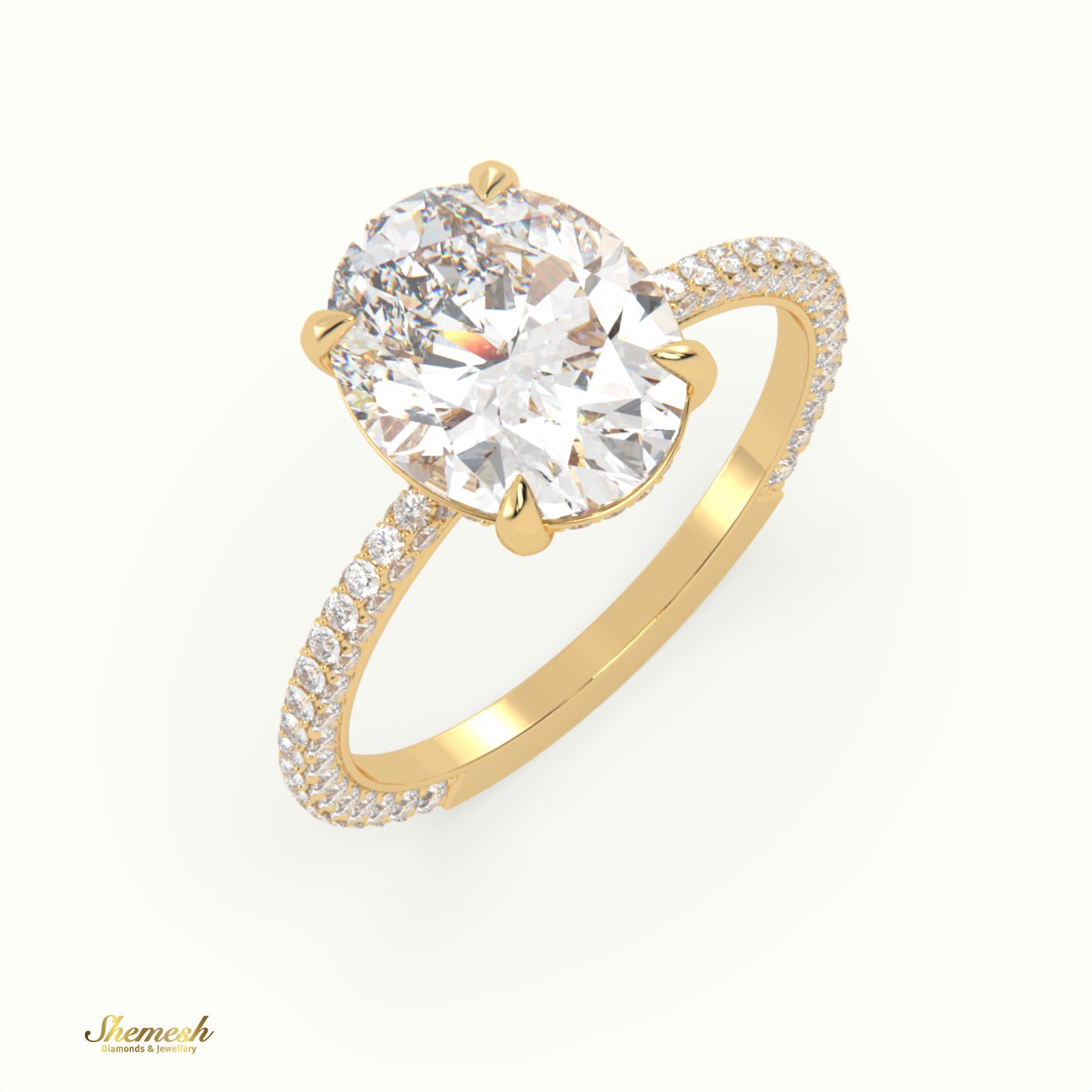 18K Gold 4 Prongs Oval Diamond Solitaire Engagement Ring with Pave Set Band - shemesh_diamonds