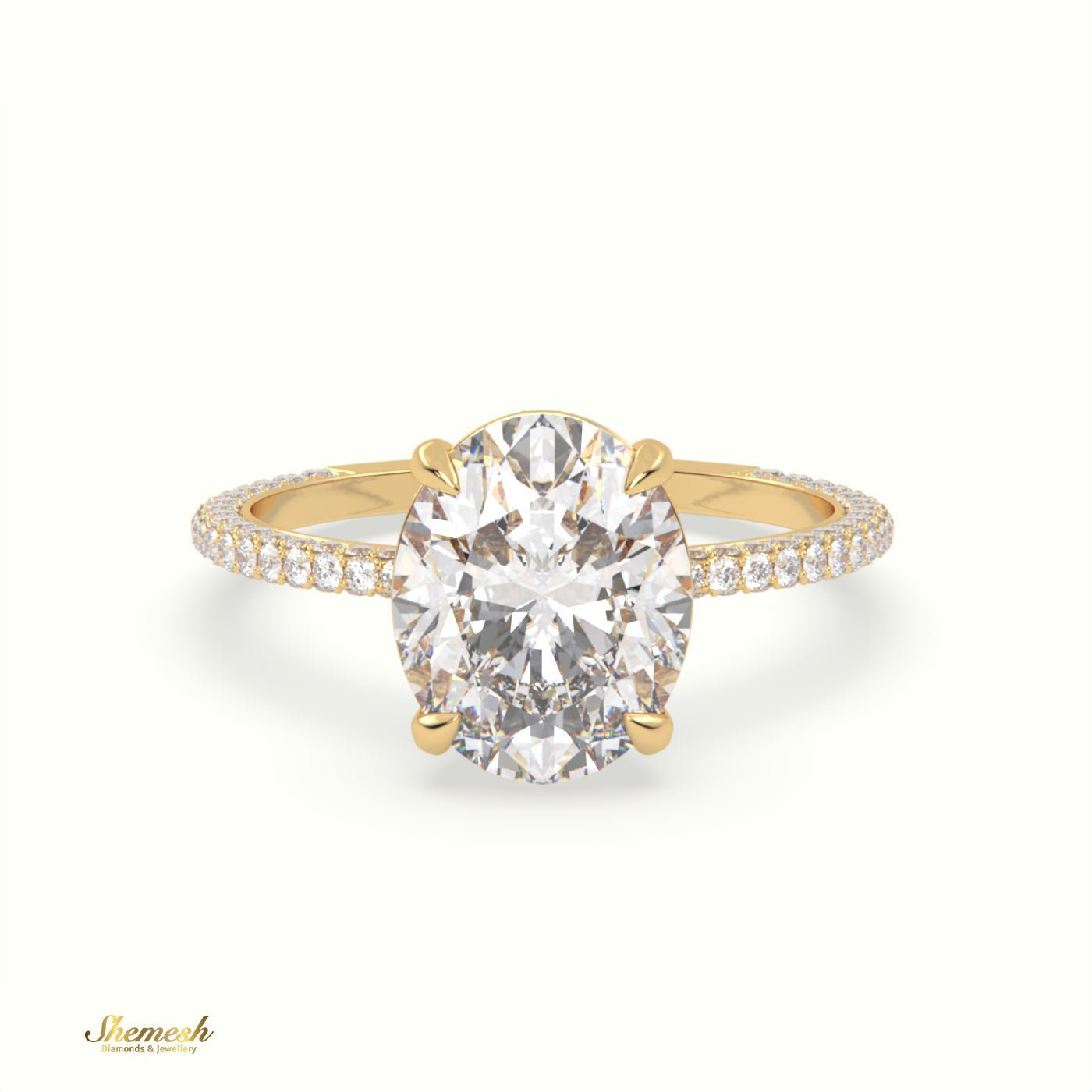 18K Gold 4 Prongs Oval Diamond Solitaire Engagement Ring with Pave Set Band - shemesh_diamonds