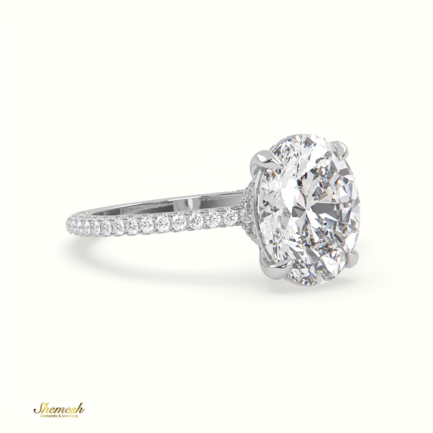 18K Gold 4 Prongs Oval Diamond Solitaire Engagement Ring with Pave Set Band - shemesh_diamonds