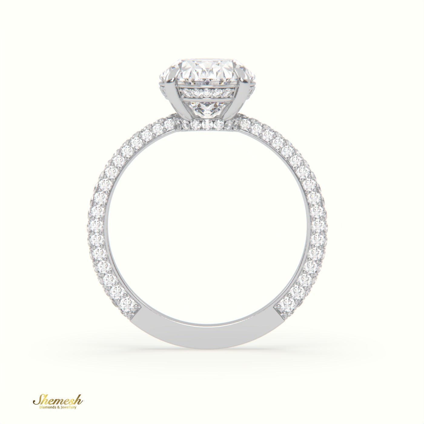 18K Gold 4 Prongs Oval Diamond Solitaire Engagement Ring with Pave Set Band - shemesh_diamonds