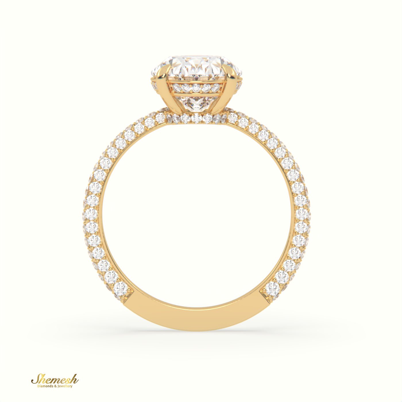 18K Gold 4 Prongs Oval Diamond Solitaire Engagement Ring with Pave Set Band - shemesh_diamonds