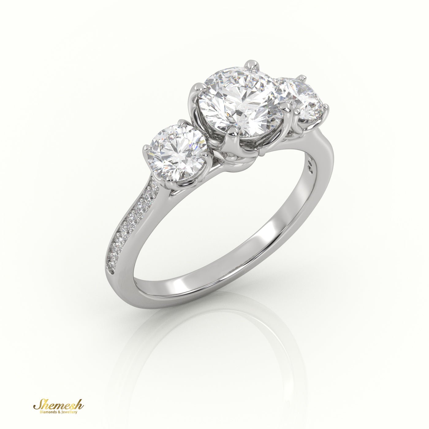 18K Gold 4 Prong Designer Shank Three Stone Diamond Engagement Ring with Pavé Band - shemesh_diamonds