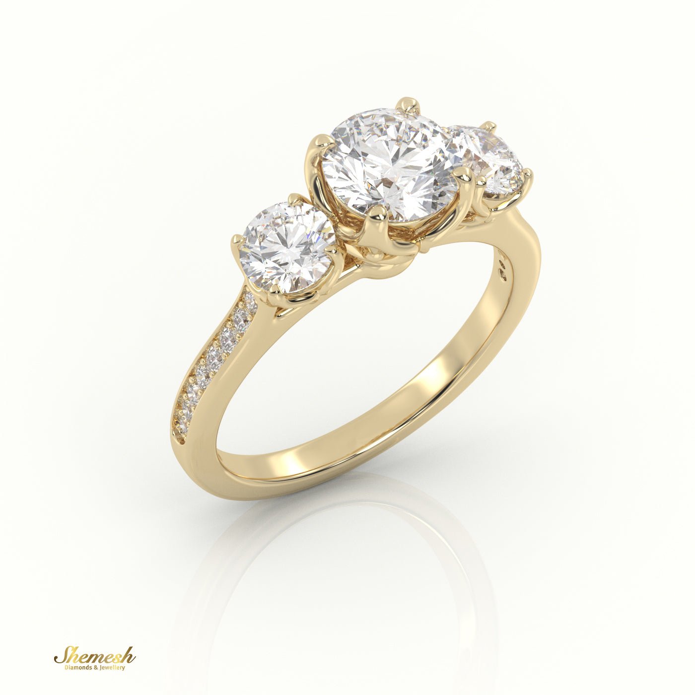 18K Gold 4 Prong Designer Shank Three Stone Diamond Engagement Ring with Pavé Band - shemesh_diamonds