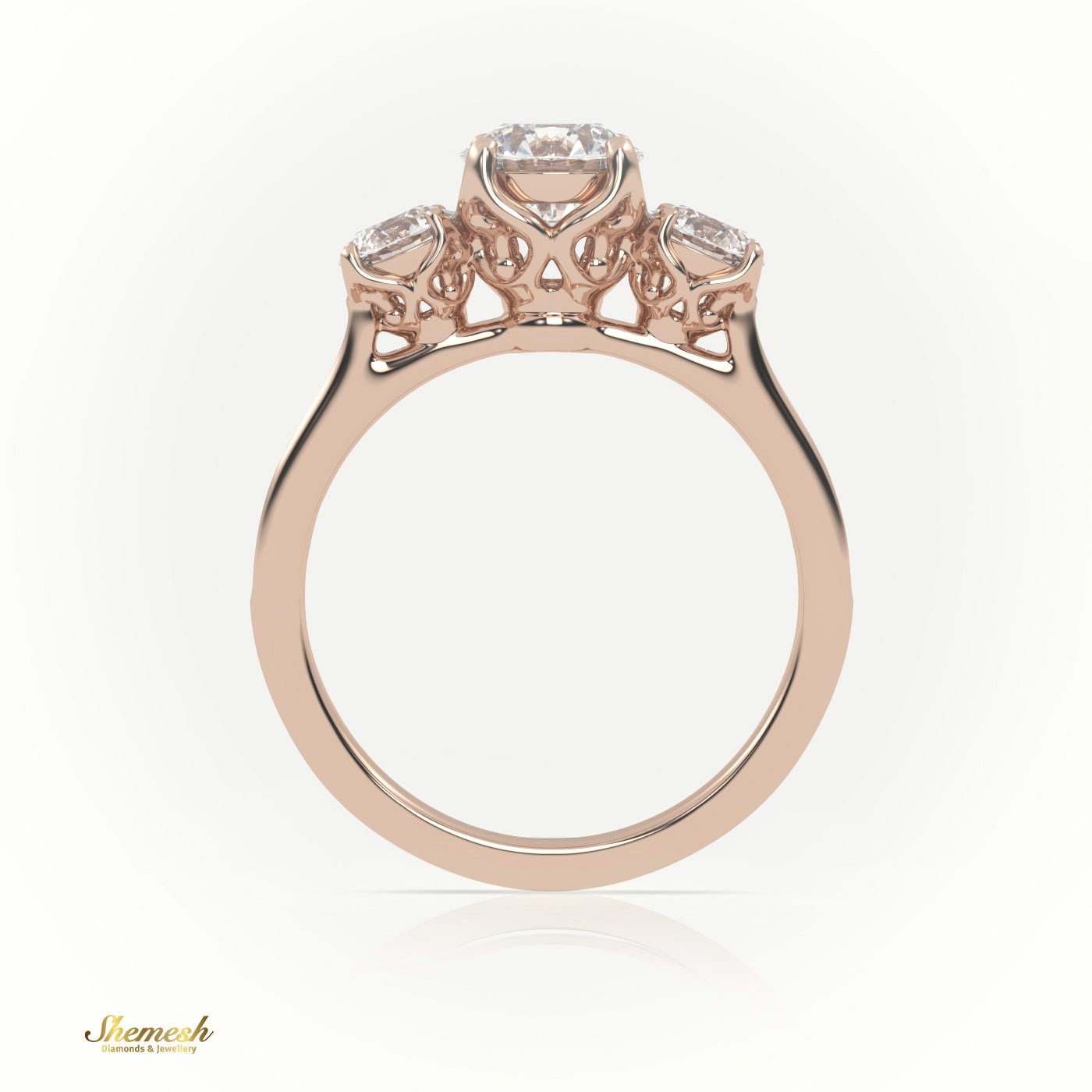 18K Gold 4 Prong Designer Shank Three Stone Diamond Engagement Ring with Pavé Band - shemesh_diamonds