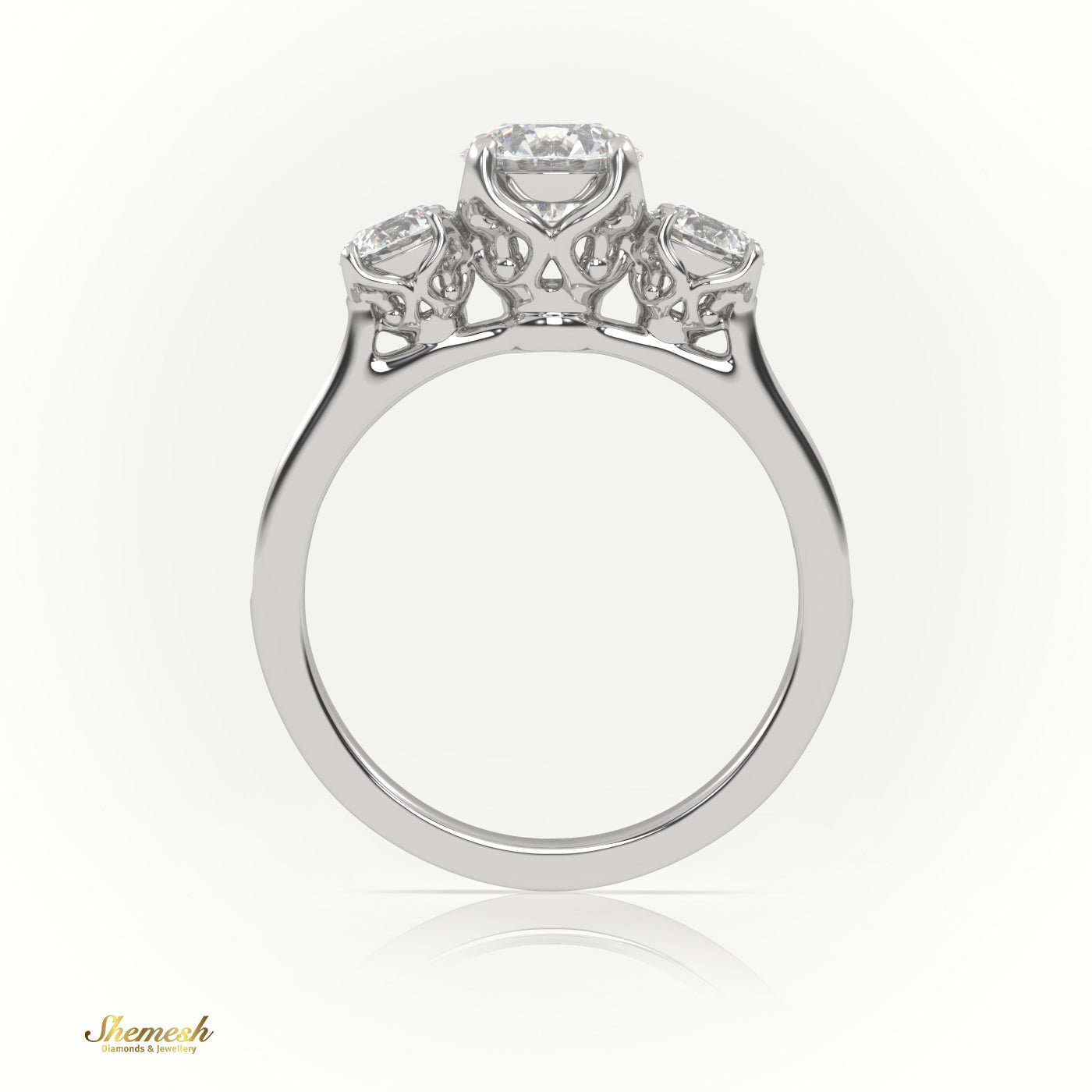 18K Gold 4 Prong Designer Shank Three Stone Diamond Engagement Ring with Pavé Band - shemesh_diamonds